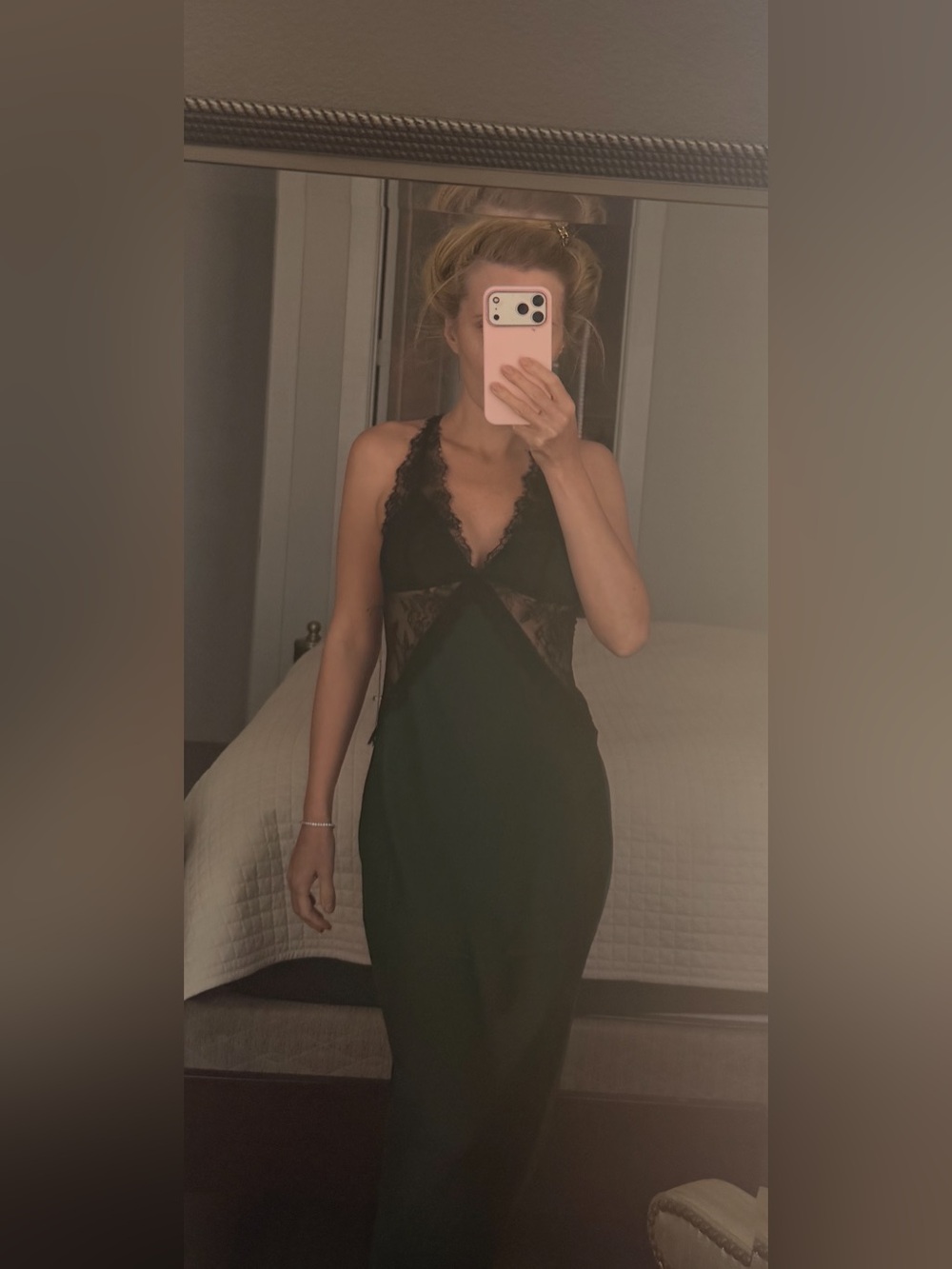 Victoria's Secret Black Lace & Emerald Satin Slip Dress